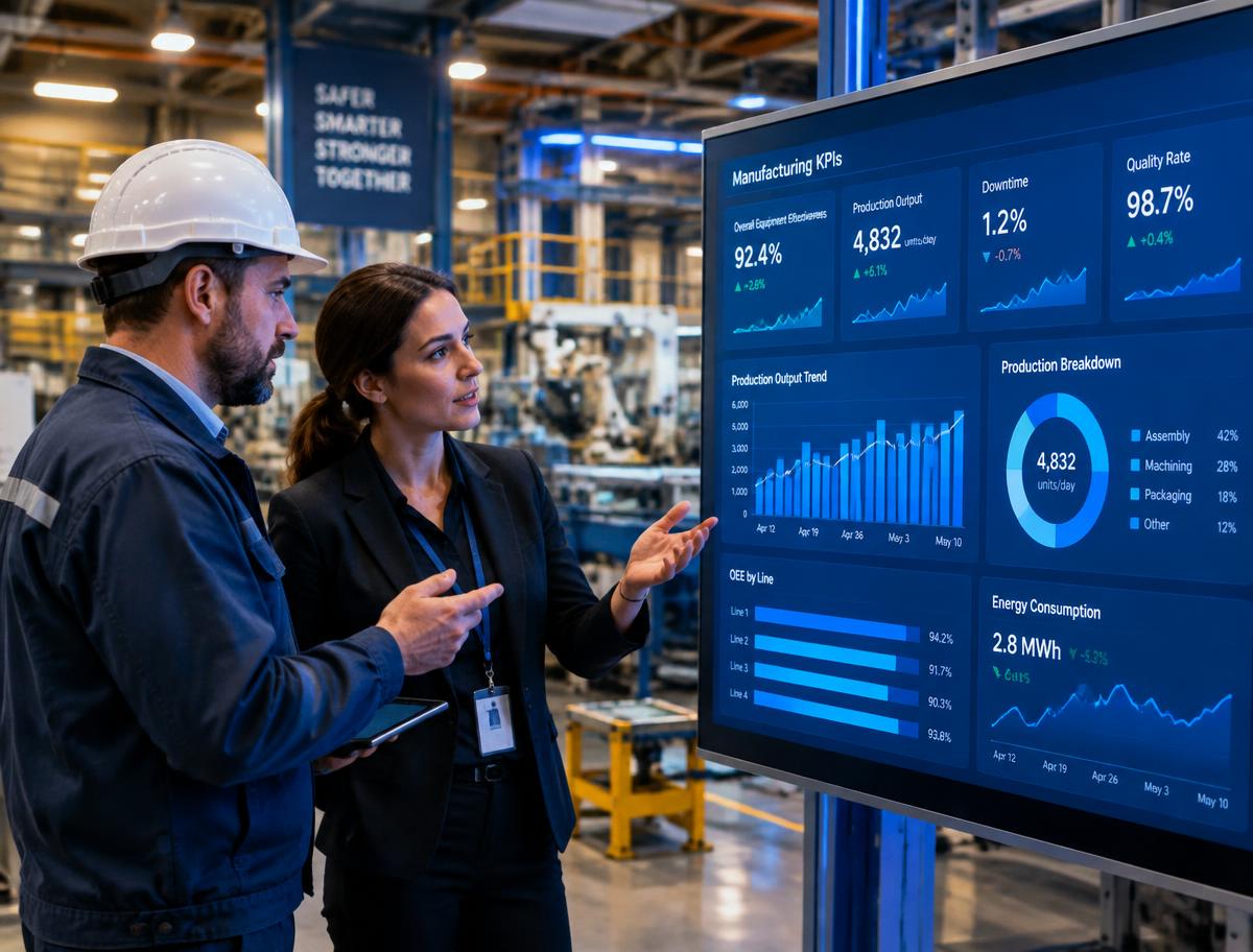 Two specialists reviewing manufacturing KPIs on a large screen
